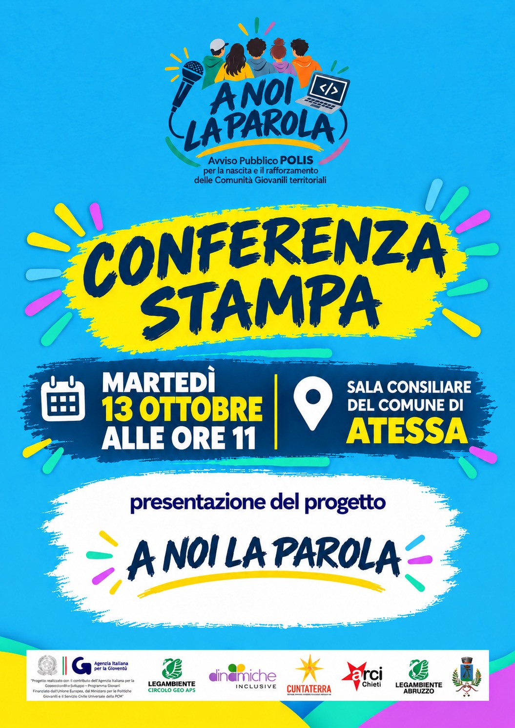 Locandina della conferenza stampa di A noi la parola: 13 ottobre 2026, ore 11, Sala Consiliare del Comune di Atessa