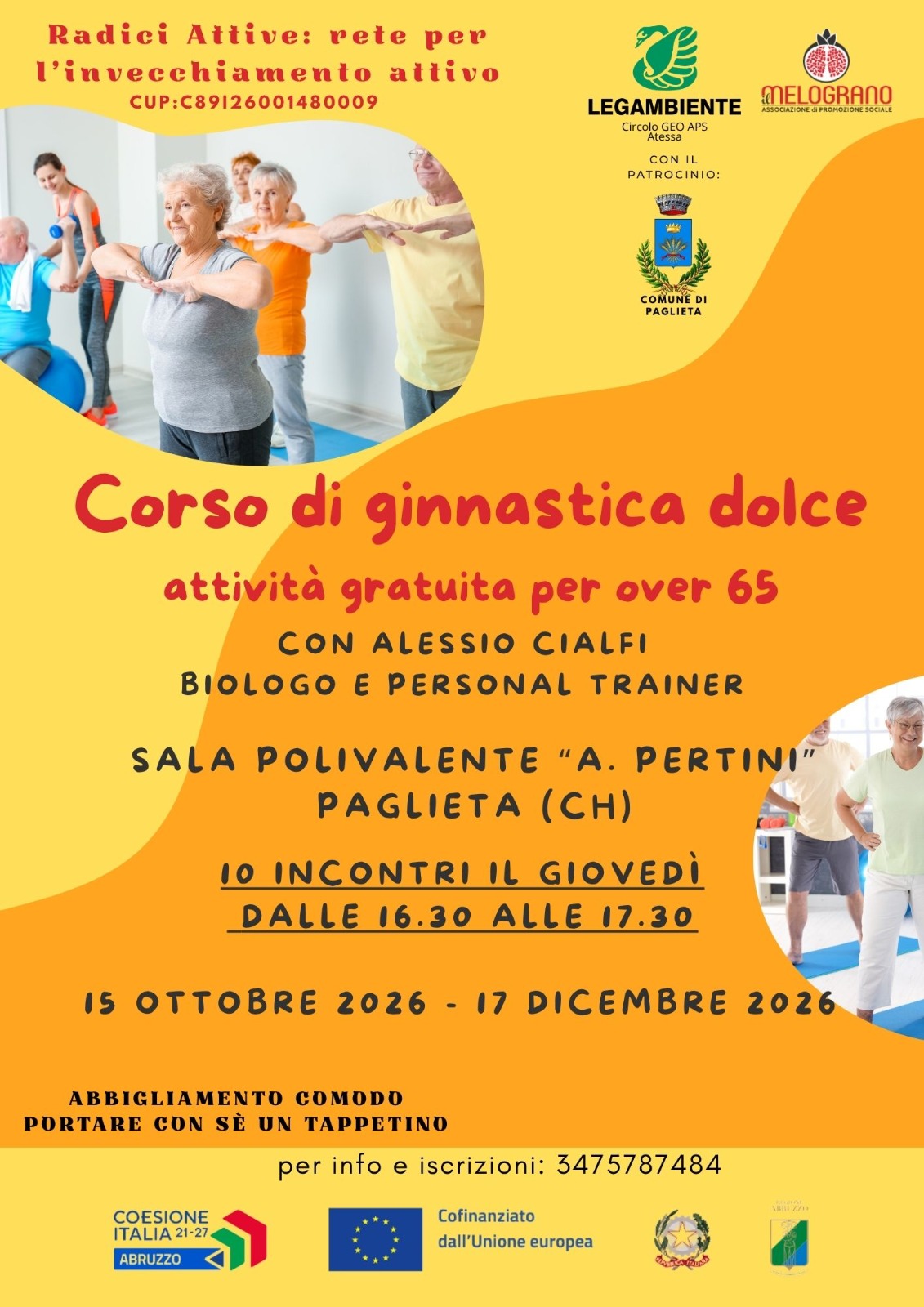 Locandina della ginnastica dolce a Paglieta: giovedì 16:30–17:30, dal 15 ottobre al 17 dicembre 2026