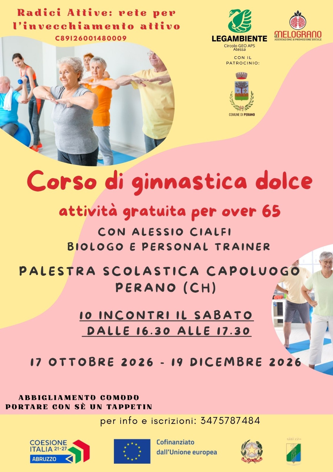 Locandina della ginnastica dolce a Perano: sabato 16:30–17:30, dal 17 ottobre al 19 dicembre 2026