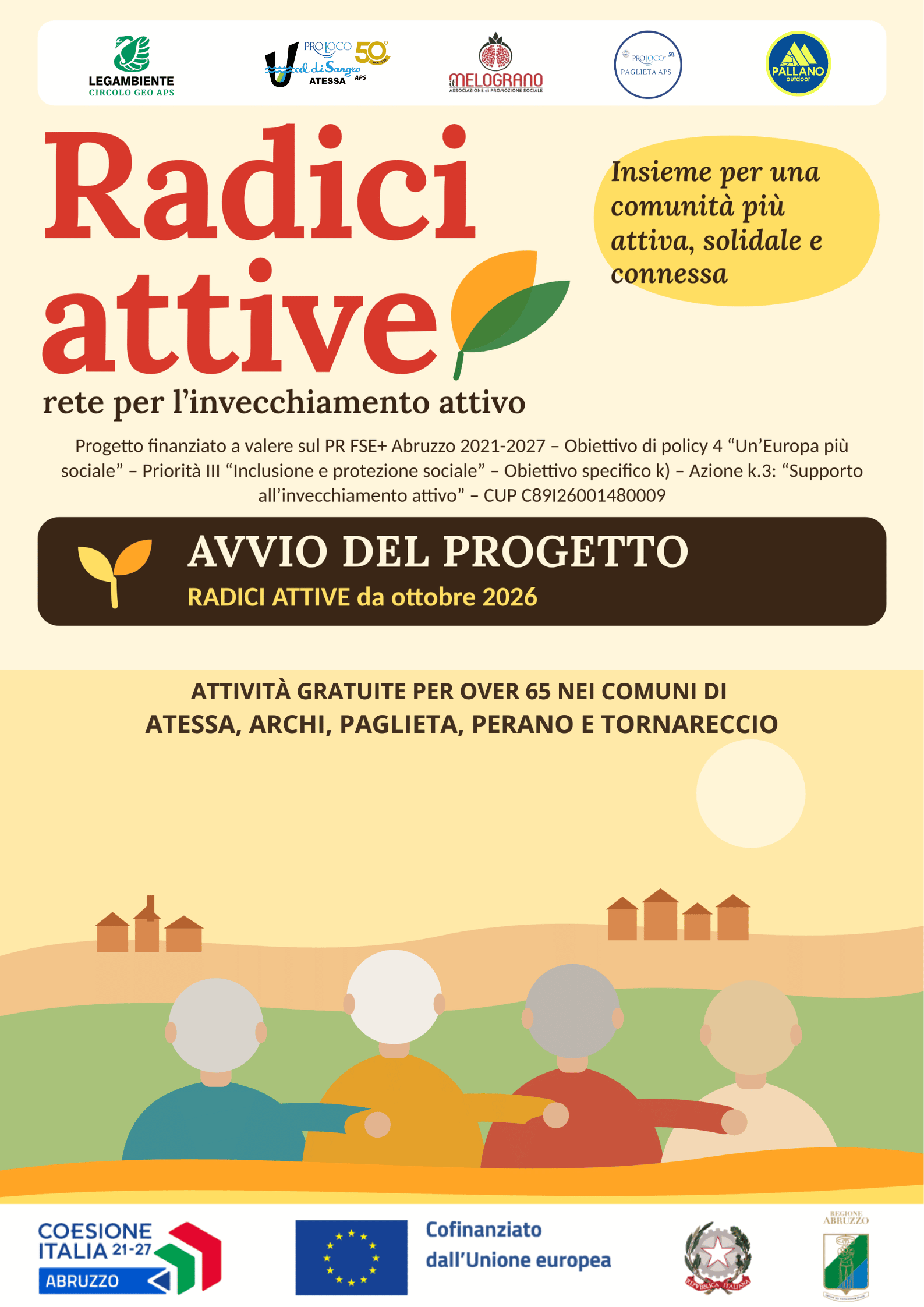 Locandina di avvio del progetto Radici attive e delle attività gratuite per gli over 65